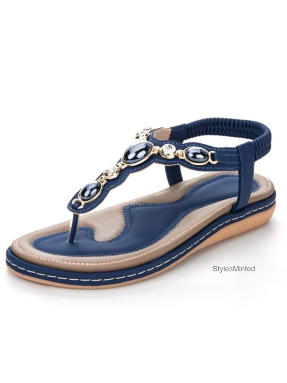 Rhinestone T-Strap Flat Sandals for Women Cushioned Memory Foam Dressy Summer